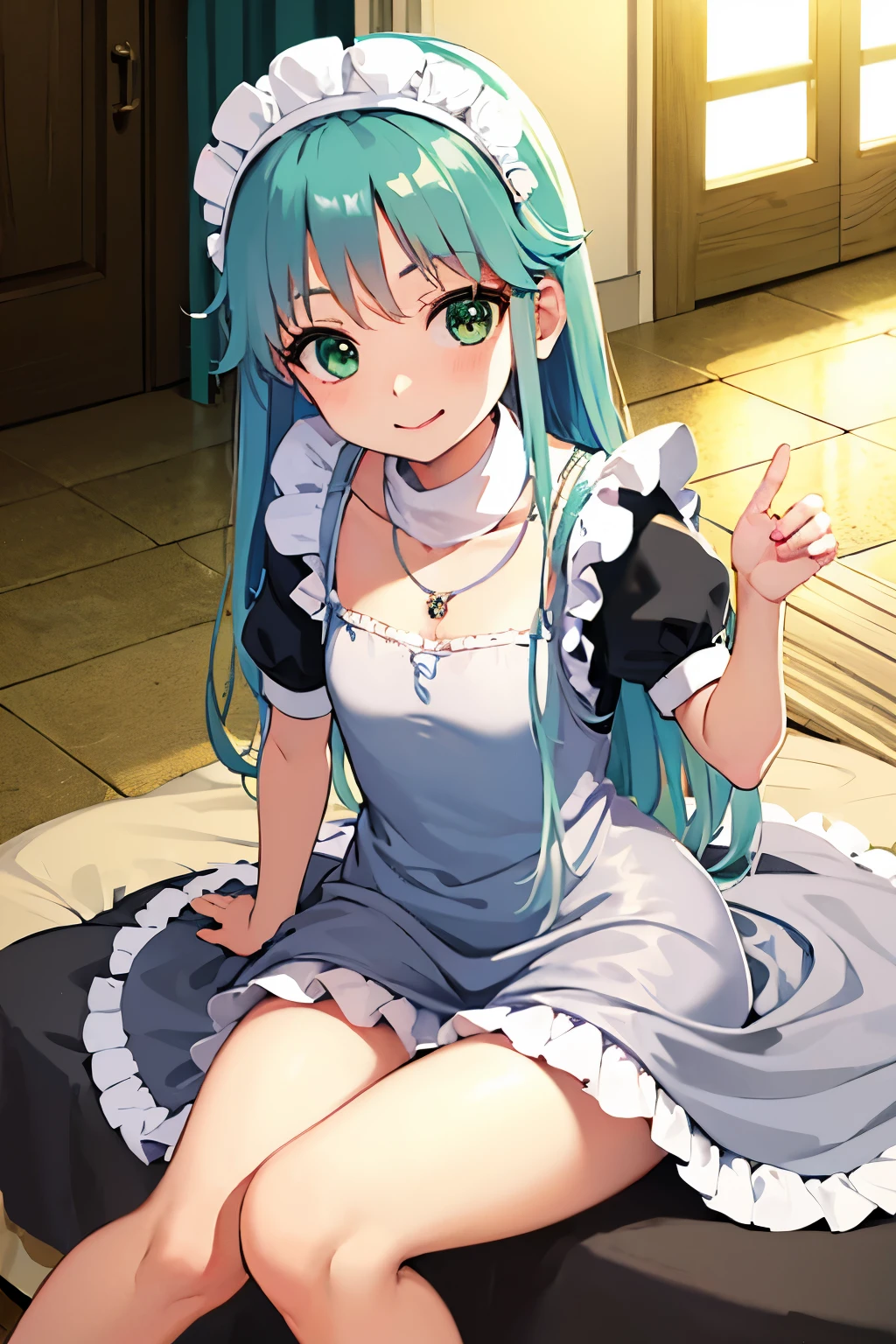 Long silver hair, green eyes, headband, necklace, maid clothing, flat chest, beautiful thighs, smile, happy, inside house