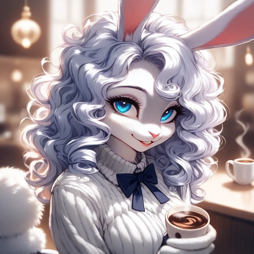 Solo, score_9,score_8_up,score_7_up, source_furry, (bunny, Anthro furry bunny girl, adult female, blue eyes, long white curly hair,, white fur, fluffy bunny tail), wearing white knitted sweater dress, standing, (coffee cup to mouth):1.4, close up, seductive,  cheerful smile, , view looking up, , knee high black boots with several buckles on them. wide hips, white fur