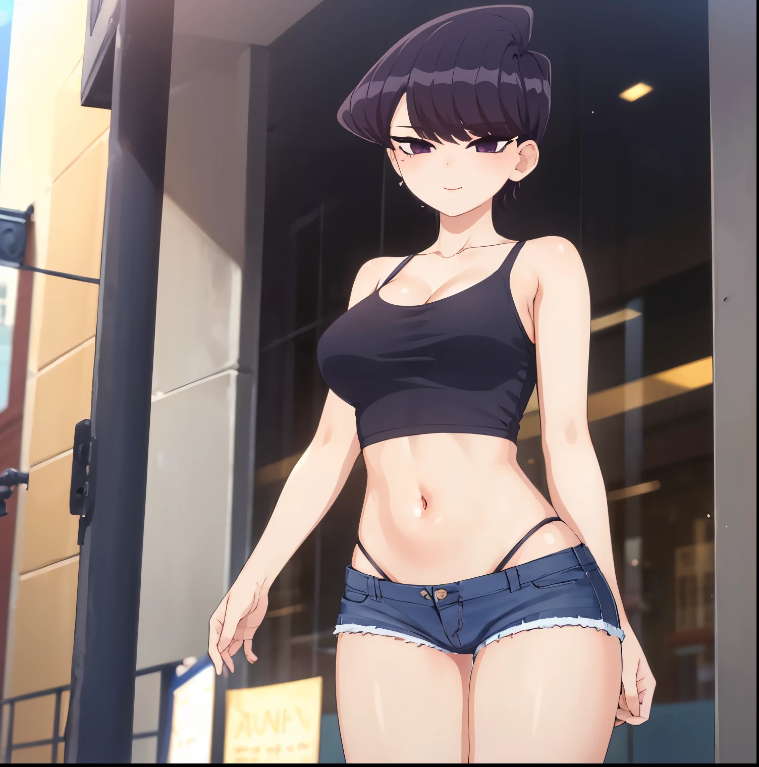 ((1girl)),((alone)), komi shuuko,(masterpiece), (best quality), (ultra detailed), (best illustration), (best shadow), (absurdities), sharp focus, cowboy shot , dynamic posture looking at the viewer, big breasts, narrow waist, wide hips, wide thighs, round butt, erotic, romantic, (very detailed eyes, lips 1.1), very detailed eyes, eyes, Very detailed face, Very beautiful face, height full, beautiful slim figure, femininity, expressive appearance, elastic big breasts, increased sexuality, ((short hair)), wavy hair, dark purple hair, parted on the left side of the head, dark purple eyes, smiling, seductive, makeup , light pink lipstick, ((black camisole)), sleeveless, bare arms, cleavage, bare shoulders, ((waist)), navel, ((denim shorts)), short shorts, bare legs, defined body, Perfect and beautiful body, perfect and beautiful, closed mouth, smile, seductive smile, blushing, (sexy pose: 1.2), ((solo)), standing: 1.3, outdoor, cityscape, streets, city, night, street lights city ​​looking forward,((focus on thighs)), point of view:(from below), red blush, perfect anatomy, perfect hands