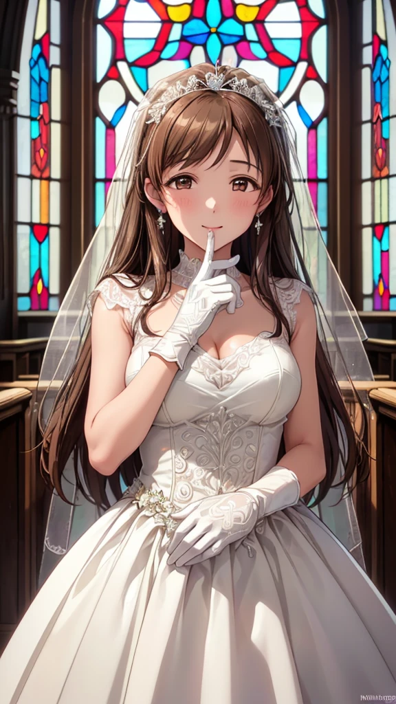 Highest quality、high resolution、High definition、HD、((church、Stained glass))、(Nitta Minami、Long Hair、Medium chest、Brown Hair、Brown eyes、Glossy lips、Glowing Skin、Realistic skin texture、((White wedding dress、gloves)))、Staring at me、Love me、blush、(Laughing with your mouth open)、(Very close to me)