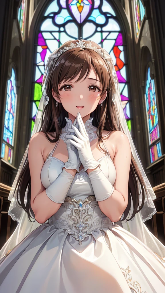 Highest quality、high resolution、High definition、HD、((church、Stained glass))、(Nitta Minami、Long Hair、Medium chest、Brown Hair、Brown eyes、Glossy lips、Glowing Skin、Realistic skin texture、((White wedding dress、gloves)))、Staring at me、Love me、blush、(Laughing with your mouth open)、(Very close to me)