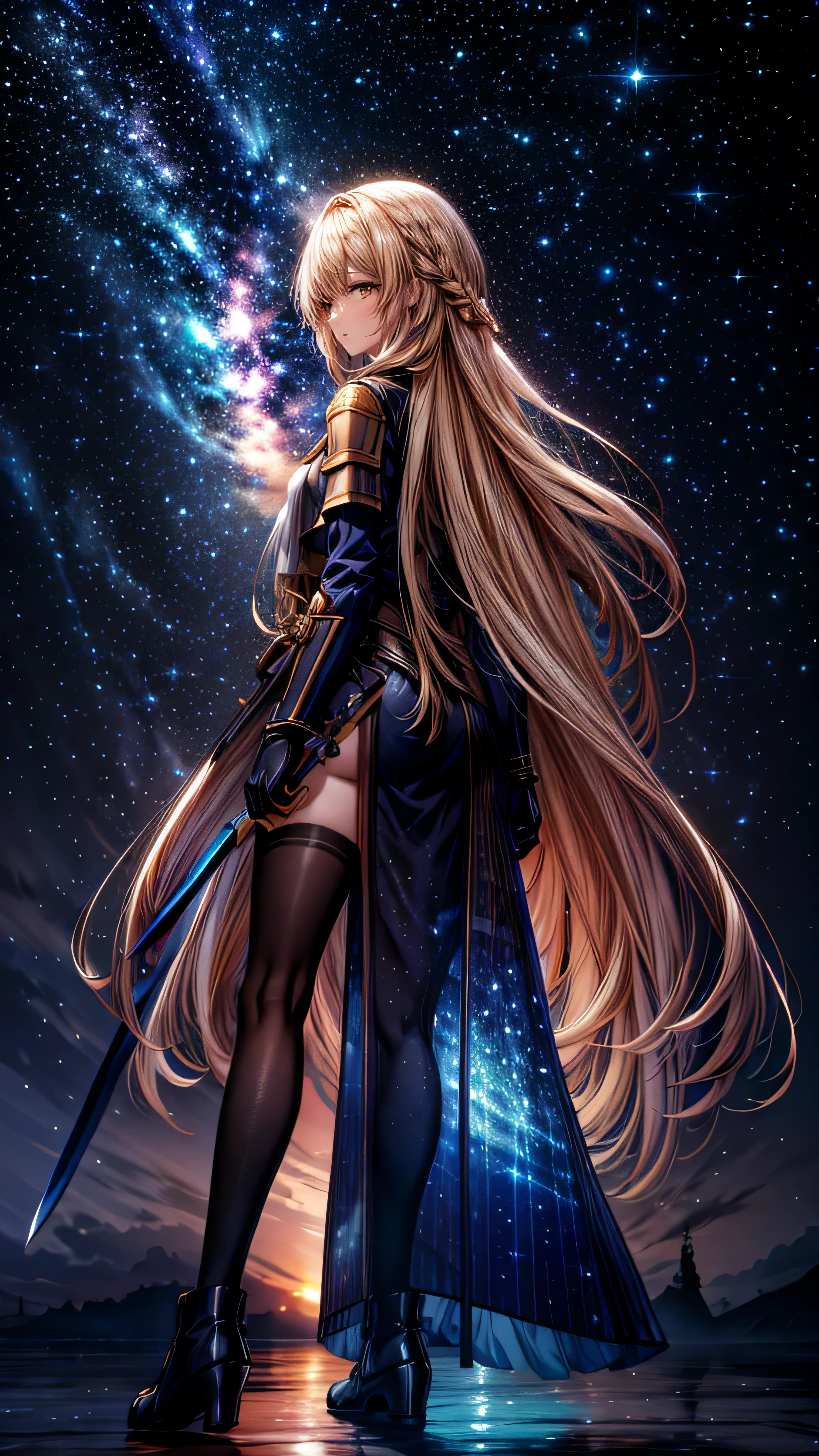Starry Sky，１people々,　Blonde long hair，Long coat，sword，silhouette， Rear View，Space Sky, Anime Style,masterpiece,best quality,ultra detailed,high-resolution,8k portrait,unity 8k wallpaper,extremely detailed CG unity 8k wallpaper