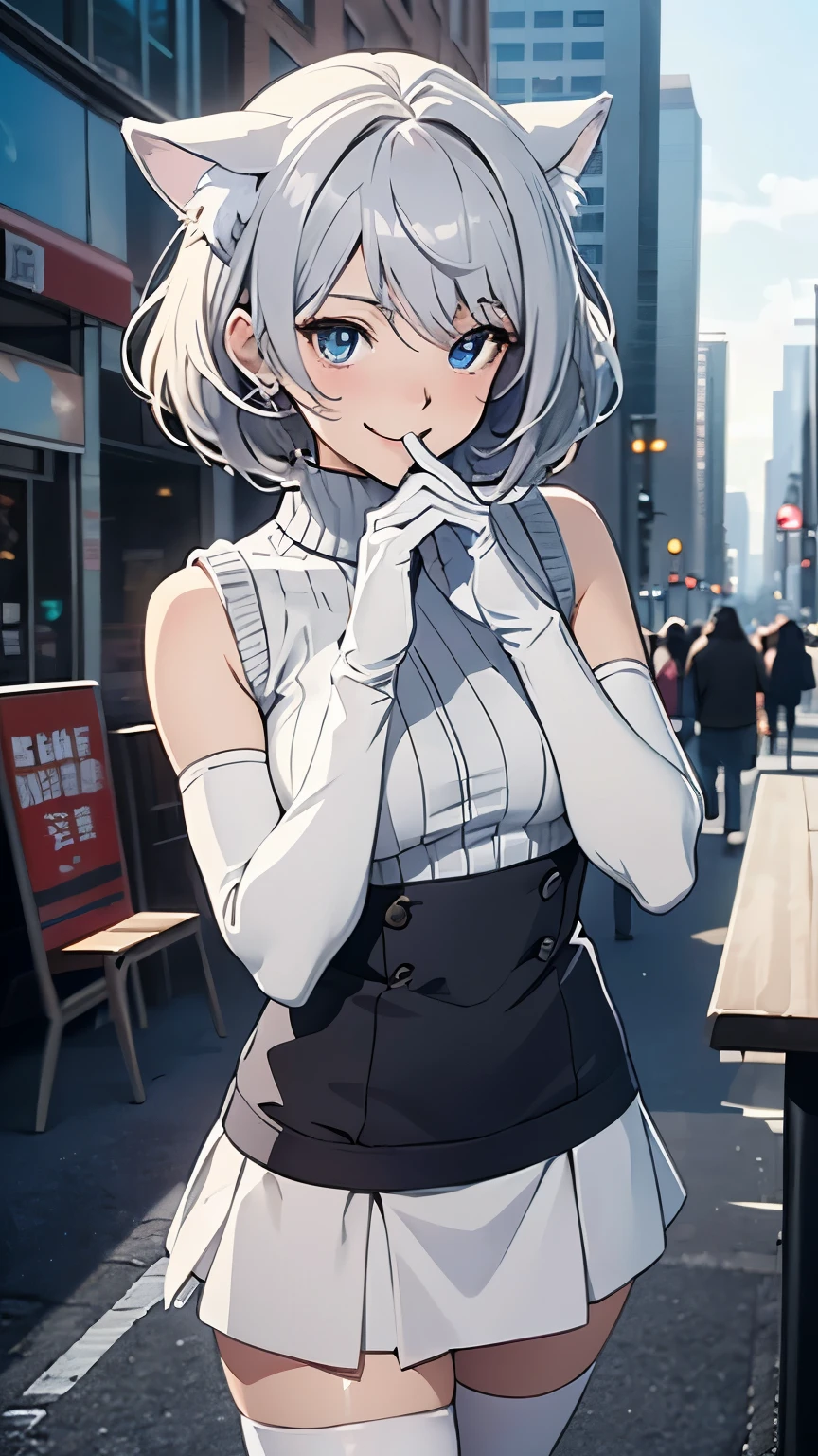 Tabletop High resolution Best image quality 8k Adult female Anime Style White long gloves(Elbow Gloves) White knit sweater(Sleeveless) mini skirt White tights White wolf ears short hair((Shortcuts)(Gray Hair)(Perm)(fluffy)) blue eyes Attractive face((Laughter)(smile)(Open your mouth)) Are standing Place your hands on your knees Building district