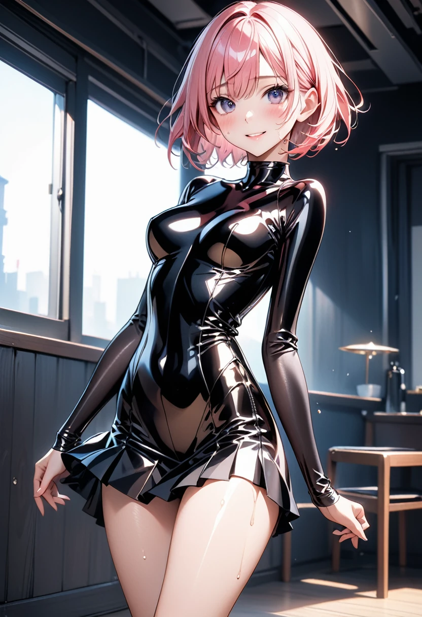 (((Bodysuit, skirt))), ((Very shiny outfit)), skindentation, skinny, solo, 1 woman, Masterpiece, highest quality, highest quality, 16K, incredibly absurd, highly detailed, 2.5D, ai-generated, delicate and dynamic, very delicate facial expressions, delicate eye depiction, erotic, only sexy woman, ((A cute and kind face)), healthy figure, ((25-year-old woman)), 160cm tall, ((medium firm swaying bust)), medium breasts, (short hair), (pink hair:1.5), bob cut, black eye, blush, Sweat,Embarrassed,sexy, ((thin thighs)), (Erect nipples,:0.5), shiny and lustrous, facing straight at viewer, smile, ((Oily_skin)), dark skin, ((standing)), ((arm at side)), ((erotic pose)),