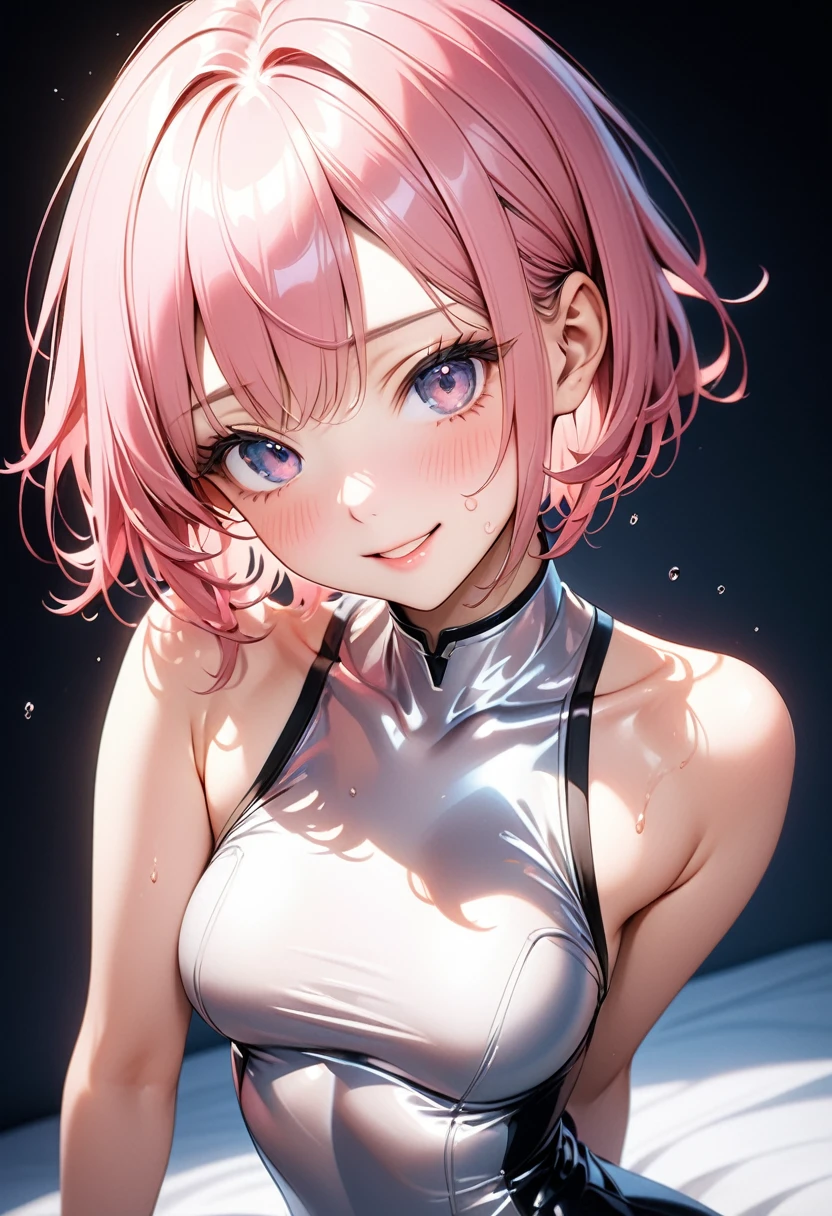 ((Ghost Costume)), ((skirt)), ((pantyhose)), ((shiny outfit)), skindentation, skinny, alone, solo, 1 woman, Masterpiece, highest quality, highest quality, 16K, incredibly absurd, highly detailed, 2.5D, ai-generated, delicate and dynamic, very delicate facial expressions, delicate eye depiction, erotic, only sexy woman, ((A cute and kind face)), healthy figure, ((1 woman)), 160cm tall, ((medium firm swaying bust)), medium breasts, (short hair), (pink hair:1.5), bob cut, black eye, blush, Sweat,Embarrassed,sexy, ((thin thighs)), (camel toe:0.7), (visible nipples:0.5), (Erect nipples,:0.7), shiny and lustrous, facing straight at viewer, smile, ((Oily_skin)), dark skin, ((standing)), ((arm at side)), ((Transparent and sparkling costume)),