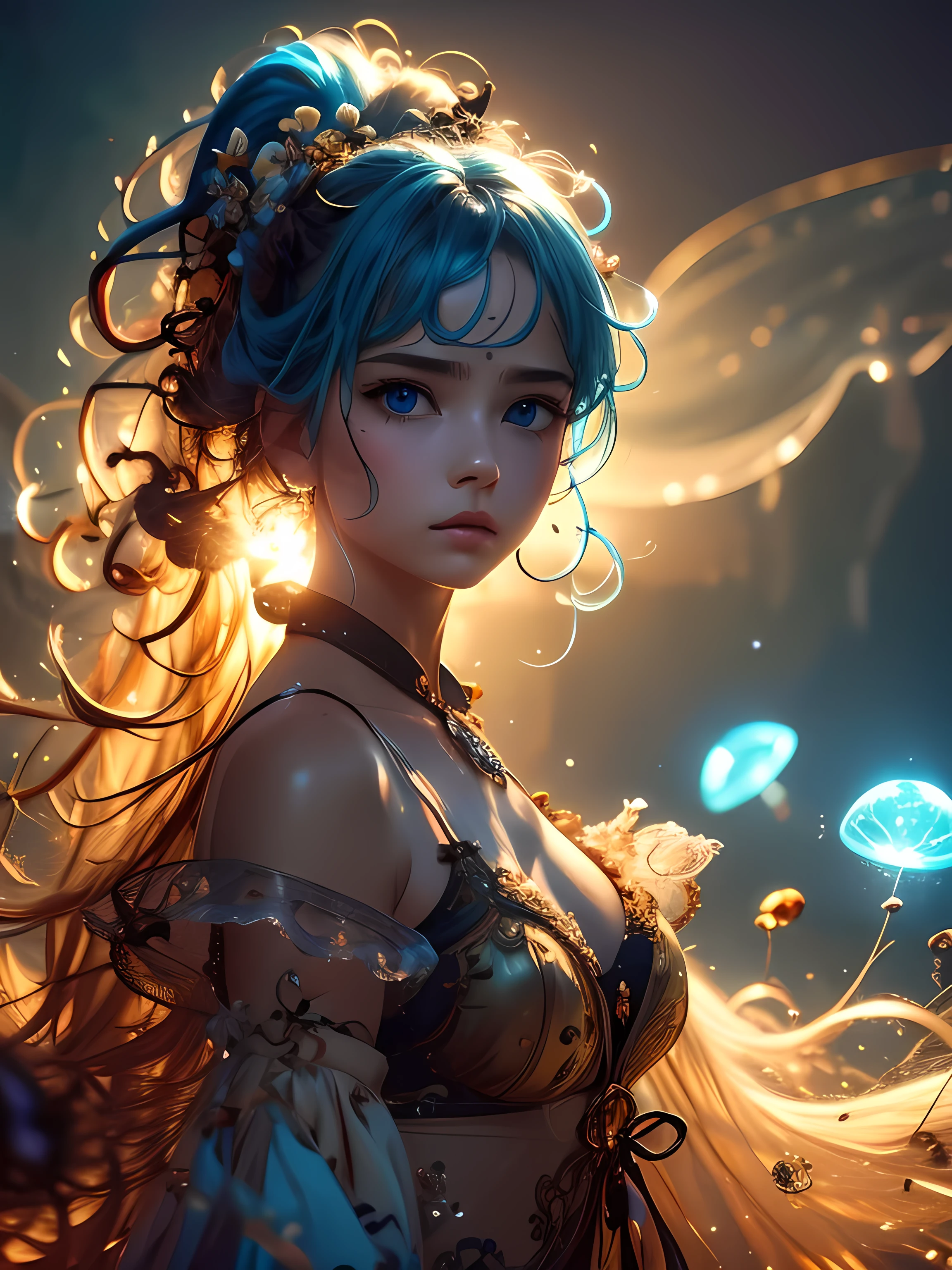(masterpiece), (best quality), (ultra detailed),(disheveled hair),(illustration), (1girl), (Fashionable clothing), standing, Fashion model, looking at viewer, (interview), (simple background),beautiful detailed eyes, delicate beautiful face, Floating,(high saturation),(colorful splashes),colorful bubble,(shining), focus on face, ponytail, kamisato ayaka, light blue hair, bangs, hair ring, floating flowers, floating hairs, (shining), best lighting, best shadow, steampunkai