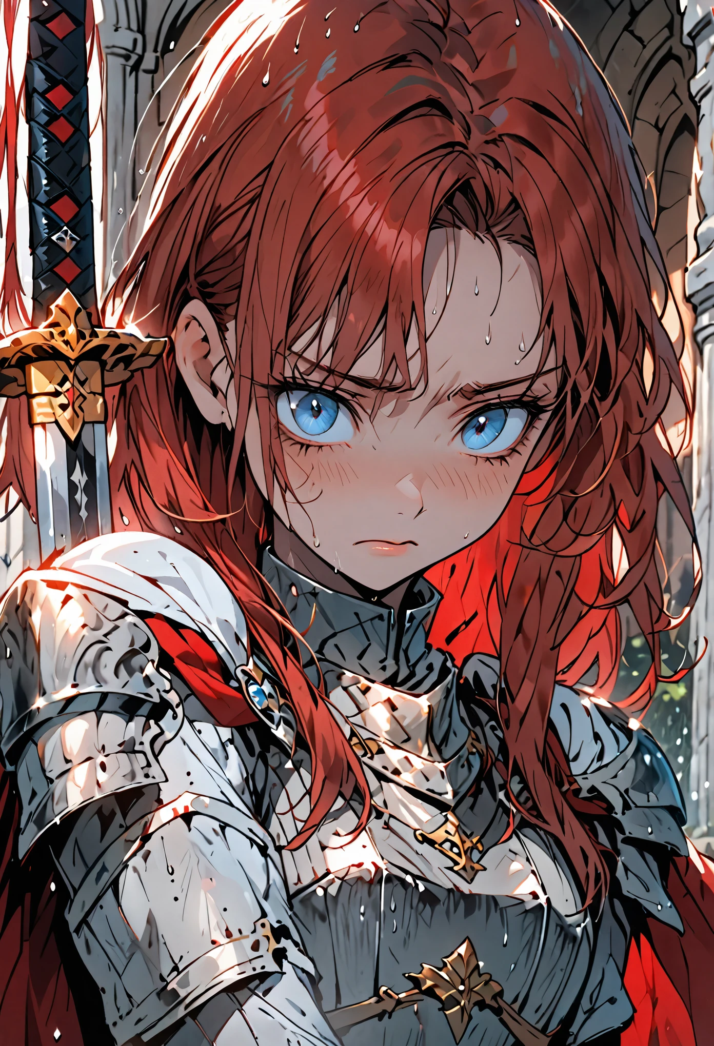 solo female knight, mansion, cape, long straight red hair, short, young, nervous, blue eyes, close up, princess, worn armor, sheathed western sword, sweat, armor skirt
