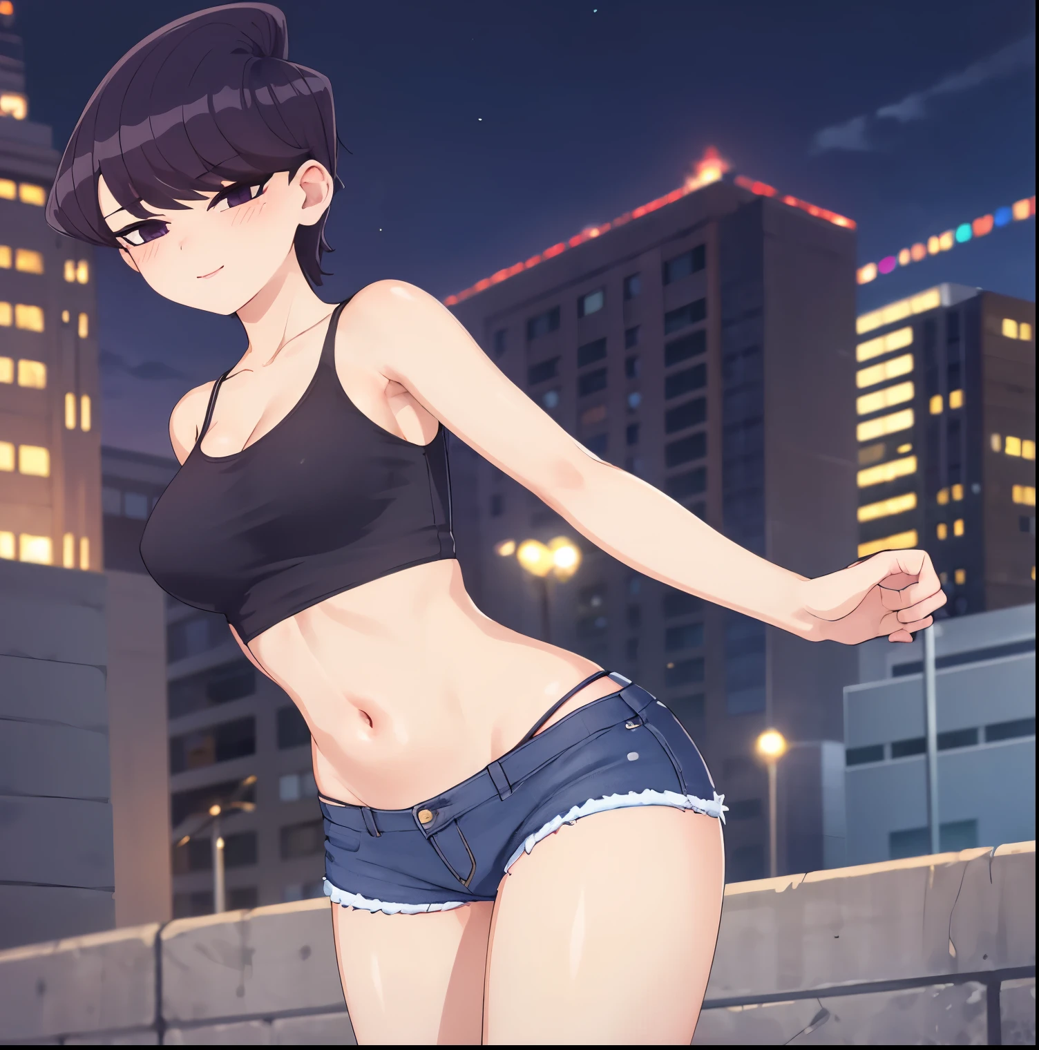 ((1girl)),((alone)), komi shuuko,(masterpiece), (best quality), (ultra detailed), (best illustration), (best shadow), (absurdities), sharp focus, cowboy shot , dynamic posture looking at the viewer, big breasts, narrow waist, wide hips, wide thighs, round butt, erotic, romantic, (very detailed eyes, lips 1.1), very detailed eyes, eyes, Very detailed face, Very beautiful face, height full, beautiful slim figure, femininity, expressive appearance, elastic big breasts, increased sexuality, ((short hair)), wavy hair, dark purple hair, parted on the left side of the head, dark purple eyes, smiling, seductive, makeup , light pink lipstick, ((black camisole)), sleeveless, bare arms, cleavage, bare shoulders, ((waist)), navel, ((denim shorts)), short shorts, bare legs, defined body, Perfect and beautiful body, perfect and beautiful, closed mouth, smile, seductive smile, blushing, (sexy pose: 1.2), ((solo)), standing: 1.3, outdoor, cityscape, streets, city, night, street lights city ​​looking forward,((focus on thighs)), point of view:(from below), red blush, perfect anatomy, perfect hands