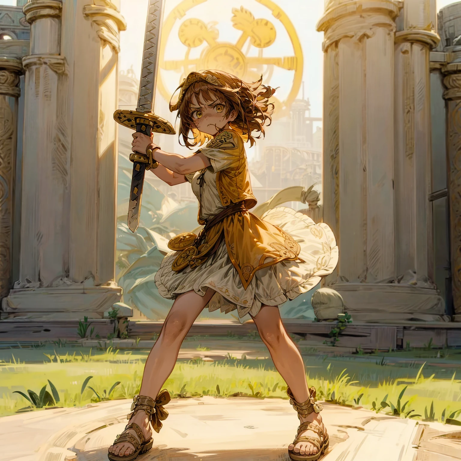 Solo character, ??? girl, full body version, brown hair, short haircut, yellow eyes, Ancient Roman tunic clothing, white color clothing, sandals, Grassroots, full background in outdoor Castle, (one piece style art), angry face, angry eyes, Gladius sword in hand, training gesture
