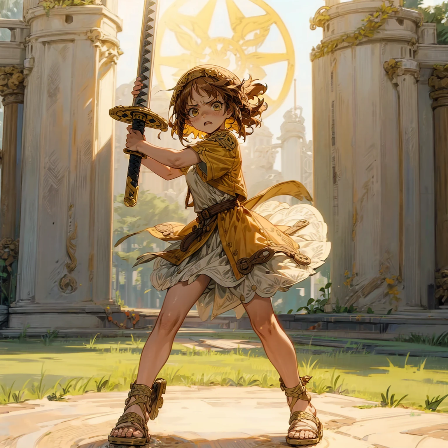 Solo character, ??? girl, full body version, brown hair, short haircut, yellow eyes, Ancient Roman tunic clothing, white color clothing, sandals, Grassroots, full background in outdoor Castle, (one piece style art), angry face, angry eyes, Gladius sword in hand, training gesture 