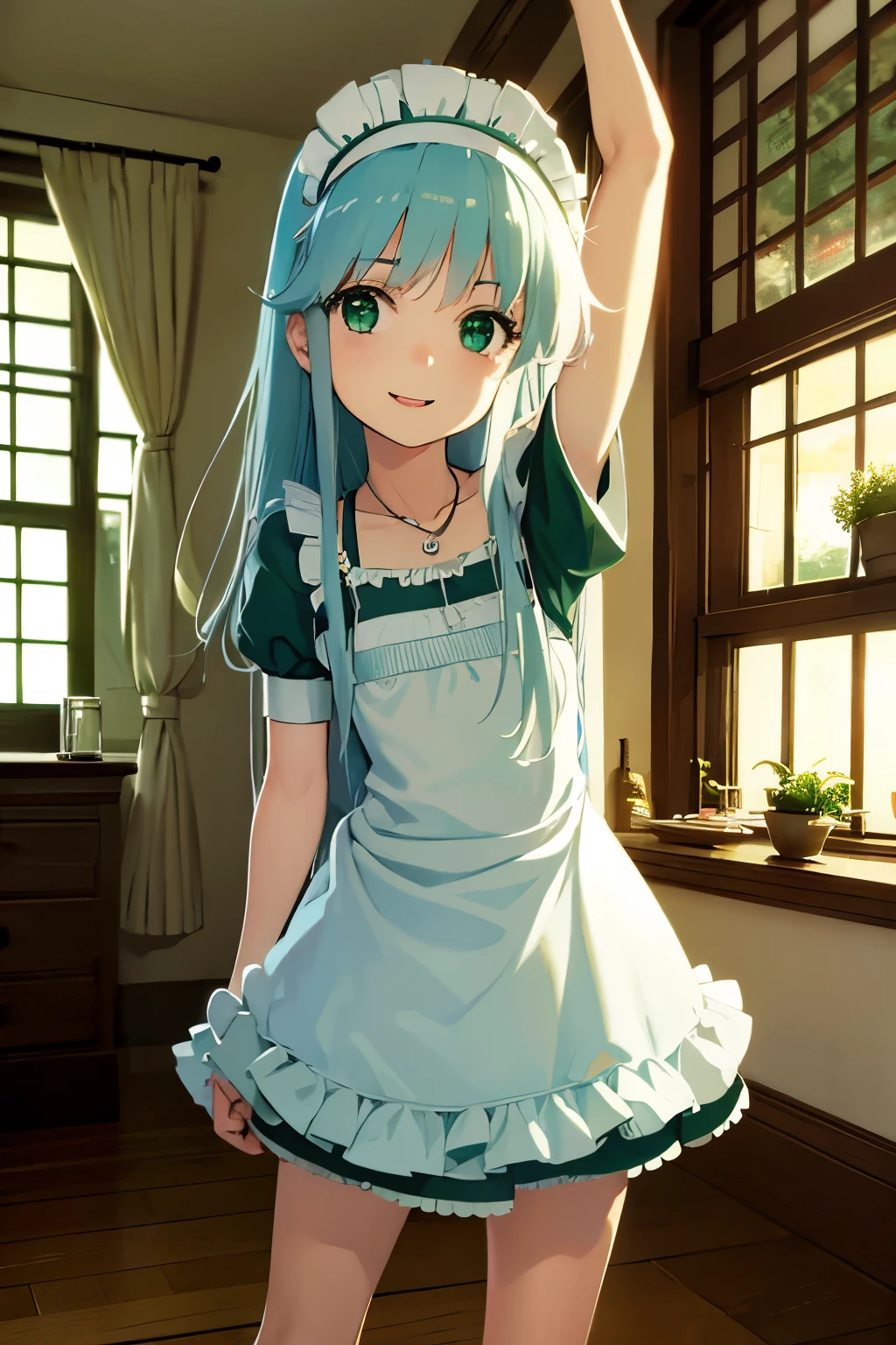 Long silver hair, green eyes, headband, necklace, maid clothing, flat chest, beautiful thighs, smile, happy, inside house
