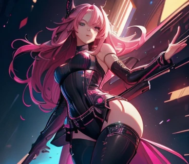 (artwork, highest quality, highest resolution, distinct_image, detailed details): (8K, 4K, best quality, High resolution: 1.2), artwork, Ultra-detailed, hyper details, cinematic Light, Alone, woman, long pink hair, short black dress with pink details, (tight clothing: 1.5), perfect body, perfect face, thin waist, full body, looking at viewer, detailed_background, full_body, dynamic_angle