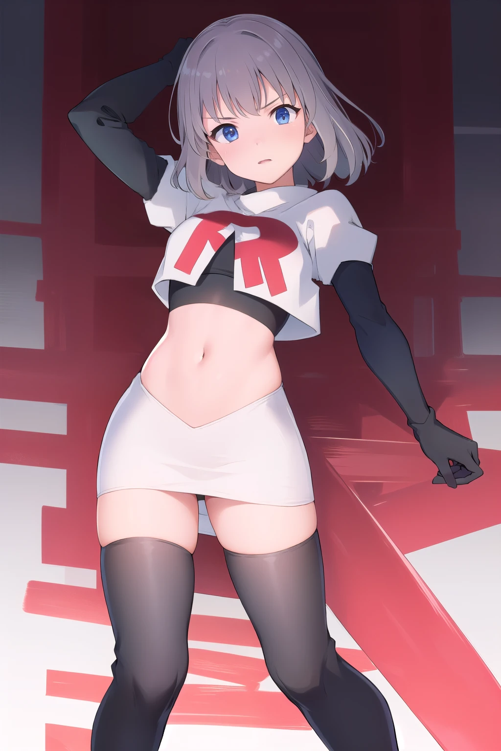 masterpiece, best quality, absurdres, perfect antomy, 1girl, solo, Itsumi Erika, bangs, team rocket,team rocket uniform,white skirt,red letter R,crop top,black thigh-highs,black elbow gloves