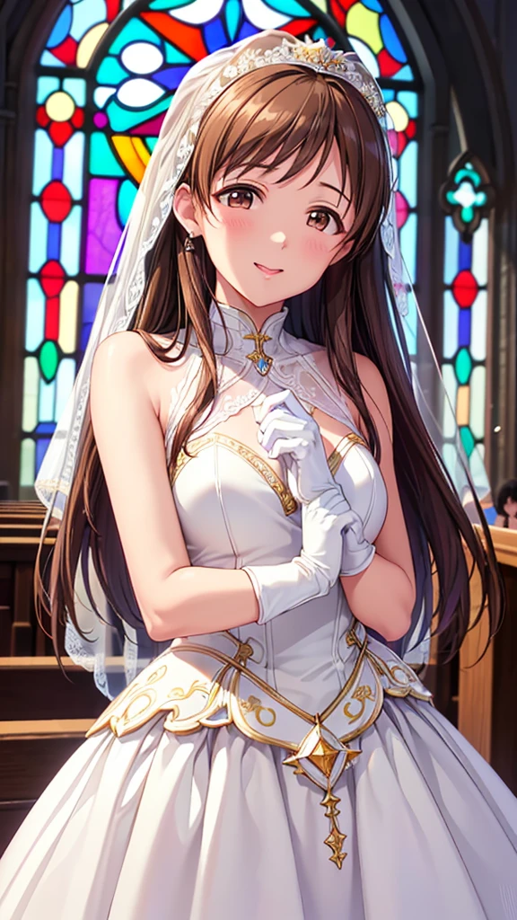 Highest quality、high resolution、High definition、HD、((church、Stained glass))、(Nitta Minami、Long Hair、Medium chest、Brown Hair、Brown eyes、Glossy lips、Glowing Skin、Realistic skin texture、((White wedding dress、gloves)))、Staring at me、Love me、blush、(Laughing with your mouth open)、(Very close to me)