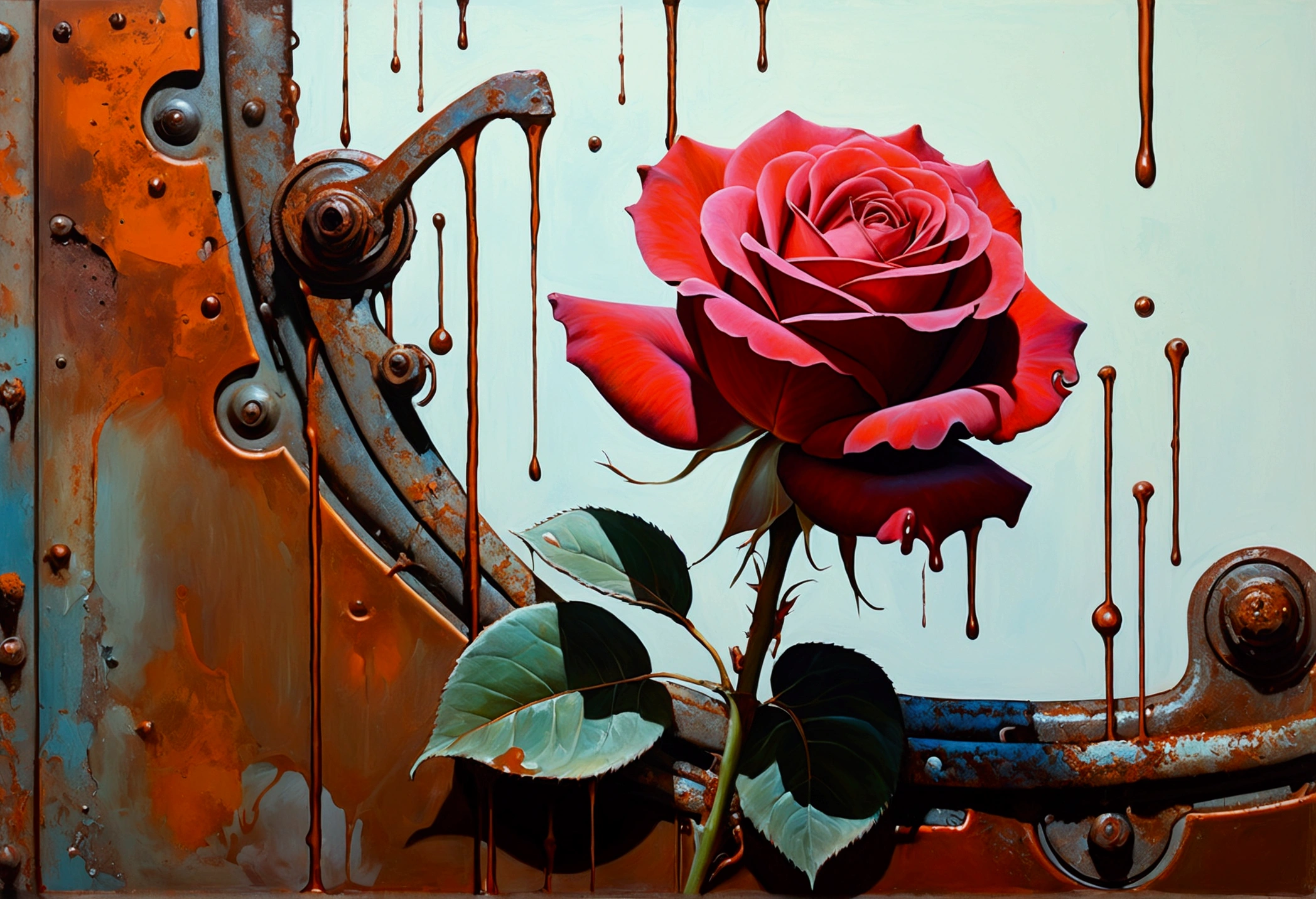 olpntng style, a rose, among rusty irons, oil painting, strong strokes, paint dripping" rgb offset, surface, diamond, By Ralph Steadman, by Cory Loftis, art by Craig Mullins, art by Jeff Koons, Art by Frank Frazetta, by Agnes Lawrence Pelton, by Tony Diterlizzi monogon, superdimensional, Volumetric