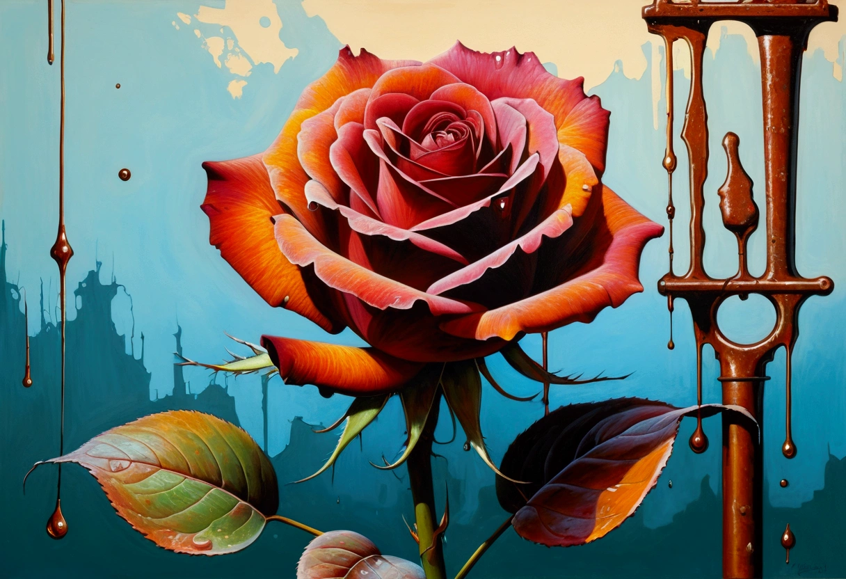 olpntng style, a rose, among rusty irons, oil painting, strong strokes, paint dripping" rgb offset, surface, diamond, By Ralph Steadman, by Cory Loftis, art by Craig Mullins, art by Jeff Koons, Art by Frank Frazetta, by Agnes Lawrence Pelton, by Tony Diterlizzi monogon, superdimensional, Volumetric
