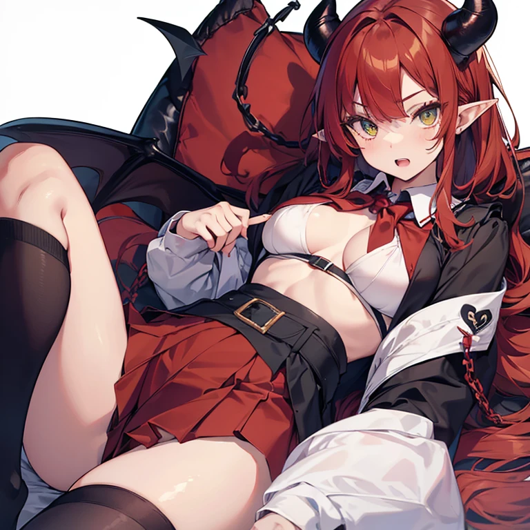 imagem de fully body, ((ultra realisitic)), ((picture-perfect)), ((face perfect)), ((ultra detaild)), ((fully body)), ((perfectbody)), ((Demon girl)), ((pointy ears)), uma garota ruiva de greeneyes com chifres ao redor da cabeça, possuindo demon tail, usando um schoolar uniform em um quarto, ((adolescent)), ((breasts big)), short shoulder length hair, demon tail, sharped teeth, horns on head, Demon girl, schoolar uniform((seifuku)), adolescent, Red hair, greeneyes, girl with tail, adolescent estudante, non-human, fully body, medium breasts,