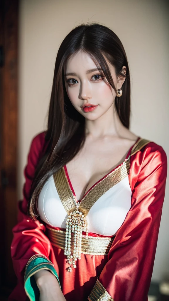 (((HD photo))), ultra high res.photorealistic:1.4, UHD, extremely detailed, hyper realistic, masterpiece, 8k, vivid colors, intricate details, studio lighting, photorealistic fabric and stitching, beautiful detailed eyes, beautiful detailed lips, extremely detailed face, longeyelashes, portrait, cultural clothing, shalwar kameez, vibrant colors, ornate patterns, focused composition, elegant pose, serious expression