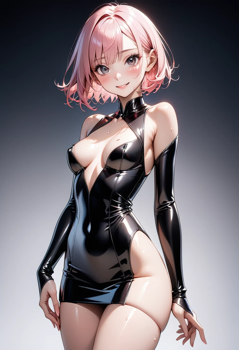 (((Bodysuit, skirt))), ((Very shiny outfit)), skindentation, skinny, solo, 1 woman, Masterpiece, highest quality, highest quality, 16K, incredibly absurd, highly detailed, 2.5D, ai-generated, delicate and dynamic, very delicate facial expressions, delicate eye depiction, erotic, only sexy woman, ((A cute and kind face)), healthy figure, ((25-year-old woman)), 160cm tall, ((medium firm swaying bust)), medium breasts, (short hair), (pink hair:1.5), bob cut, black eye, blush, Sweat,Embarrassed,sexy, ((thin thighs)), (camel toe:0.7), (visible nipples:0.5), (Erect nipples,:0.7), shiny and lustrous, facing straight at viewer, smile, ((Oily_skin)), dark skin, ((standing)), ((arm at side)), ((erotic pose)),