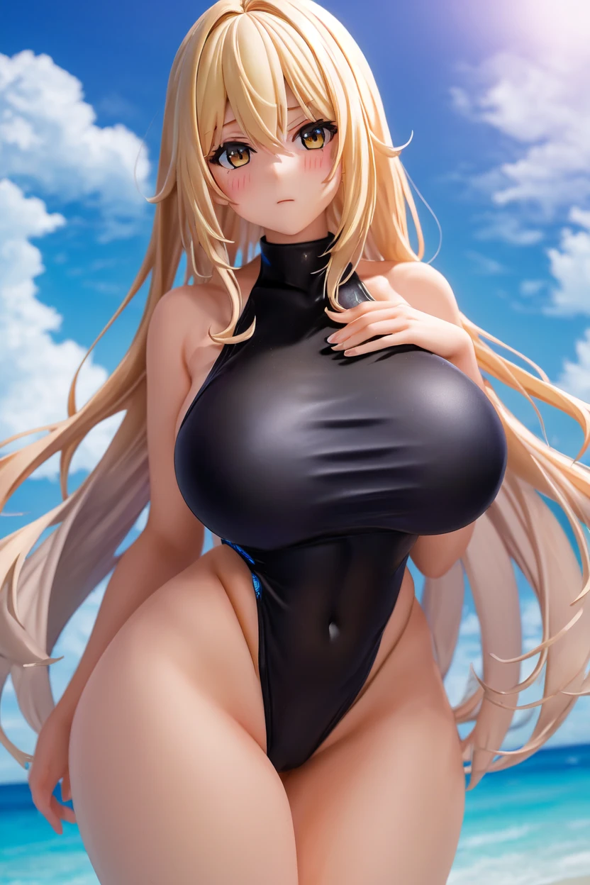 Hi res, masterpiece, nsfw, palm beach, day, sailor moon, blonde hair, gigantic tits, dense pubic hair, black g-string micro bikini, white high heels, erotic expression, lewd face, flushed face, squatting with her legs spread wide, squirting a huge load of love juice while moaning