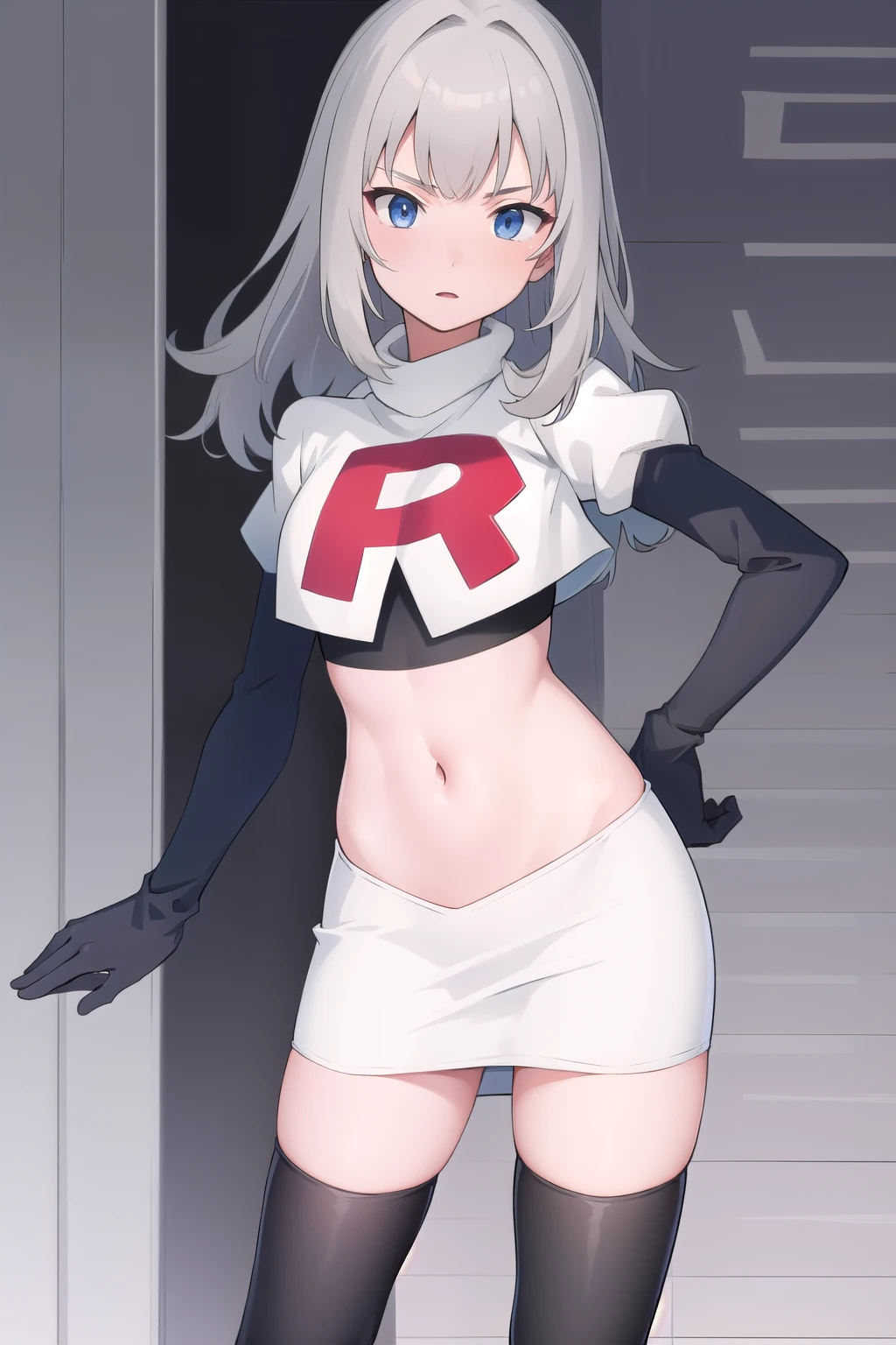 masterpiece, best quality, absurdres, perfect antomy, 1girl, solo, Itsumi Erika, bangs, team rocket,team rocket uniform,white skirt,red letter R,crop top,black thigh-highs,black elbow gloves