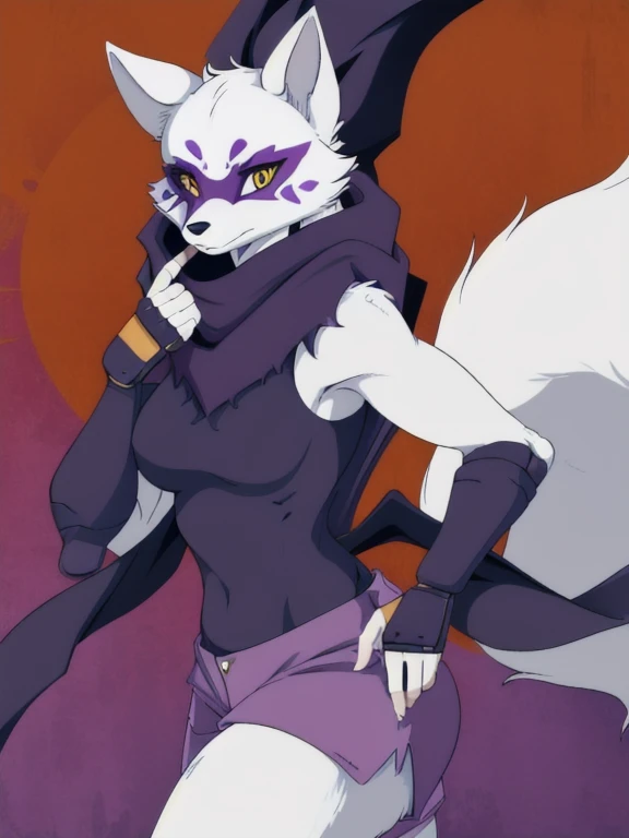 Alopex, arctic fox, furry character, purple mark eyes, tmnt, yellow eyes, 1girl, solo, kunoichi outfits, best quality, masterpiece, fox ears, scarf, fingerless gloves, ninja shorts