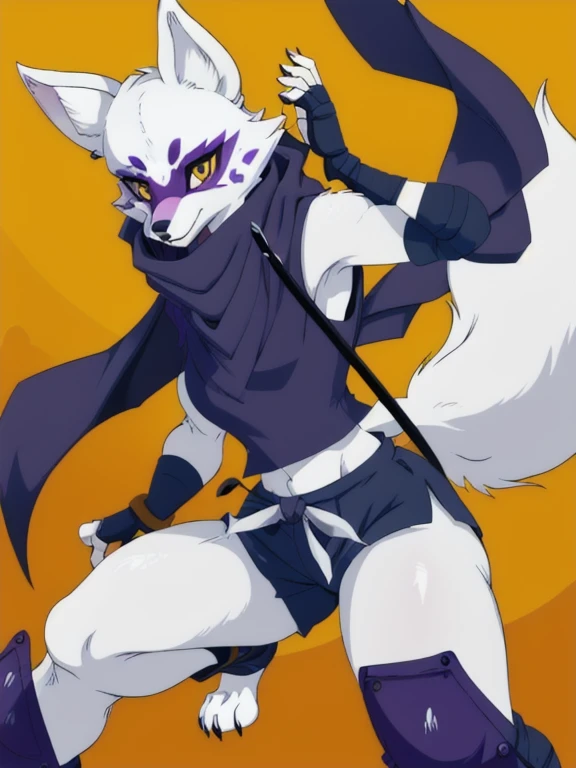 Alopex, arctic fox, furry character, purple mark eyes, tmnt, yellow eyes, 1girl, solo, kunoichi outfits, best quality, masterpiece, fox ears, scarf, fingerless gloves, ninja shorts