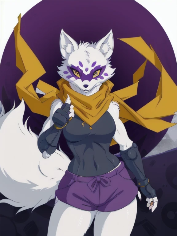 Alopex, arctic fox, furry character, purple mark eyes, tmnt, yellow eyes, 1girl, solo, kunoichi outfits, best quality, masterpiece, fox ears, scarf, fingerless gloves, ninja shorts