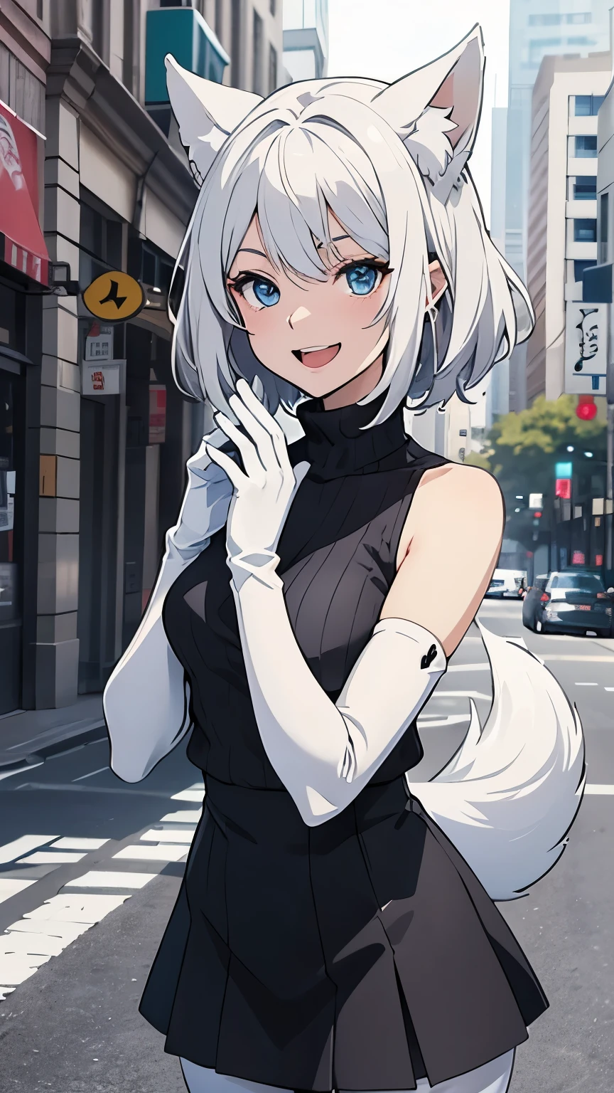Tabletop High resolution Best image quality 8k Adult female Anime Style White long gloves(Elbow Gloves) White knit sweater(Sleeveless) mini skirt White pantyhose White wolf ears short hair((Shortcuts)(Gray Hair)(Perm)(fluffy)) blue eyes Attractive face((Laughter)(smile)(Open your mouth)) Are standing Place your hands on your knees Building district