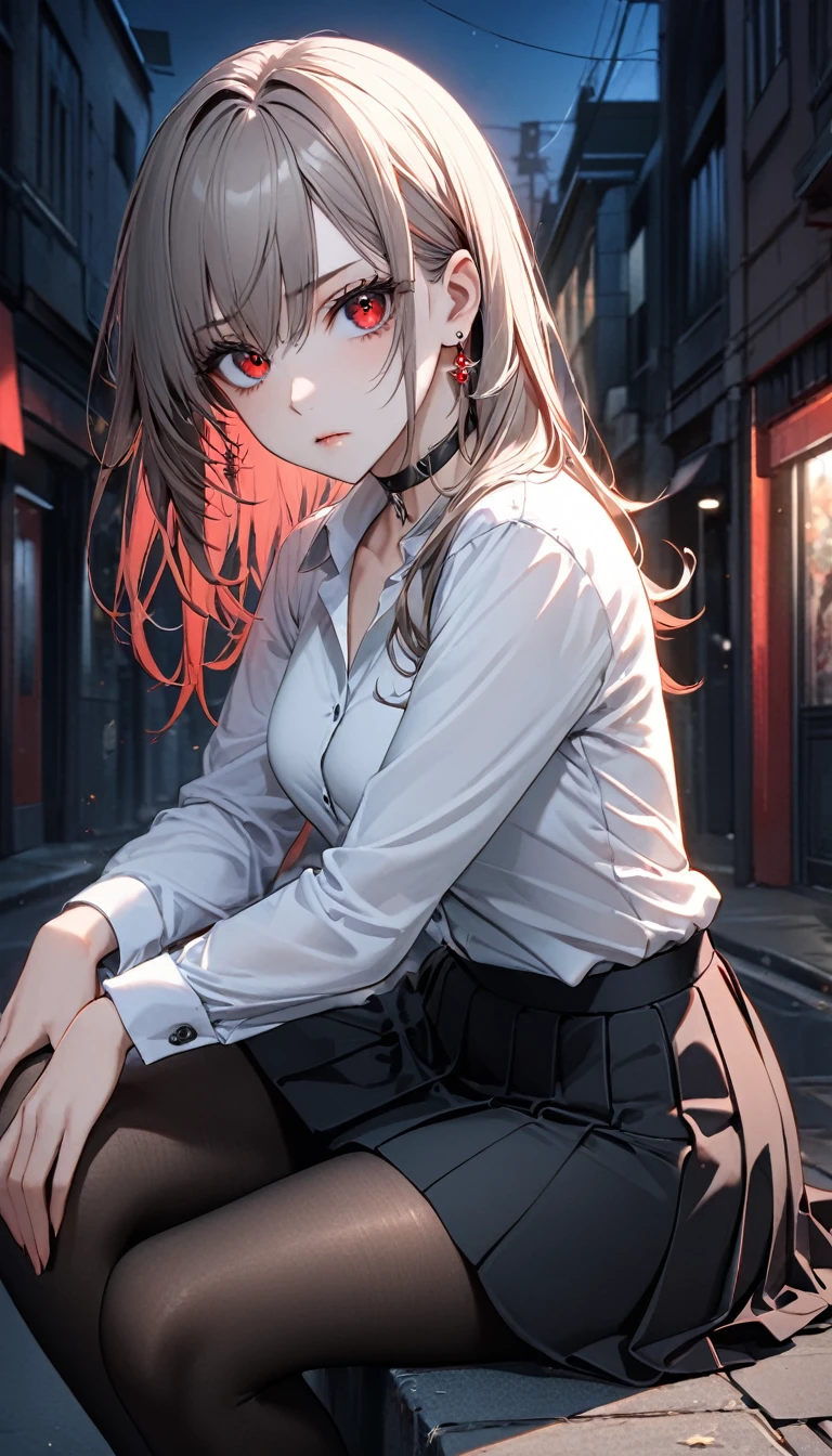 best quality, super_delicate, super delicate eyes, ultra detailed, beautiful, 8k , 1girl, red eyes, evil, looking sideway, don't looking at viewer, 目をそらしている, street, sitting, business shirt, skirt, earrings, choker, black tights, nikke, night