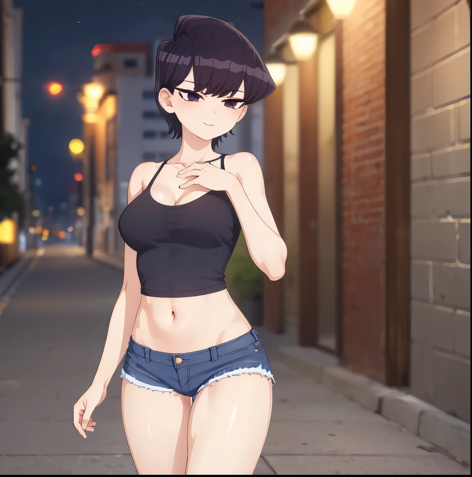 ((1girl)),((alone)), komi shuuko,(masterpiece), (best quality), (ultra detailed), (best illustration), (best shadow), (absurdities), sharp focus, cowboy shot , dynamic posture looking at the viewer, big breasts, narrow waist, wide hips, wide thighs, round butt, erotic, romantic, (very detailed eyes, lips 1.1), very detailed eyes, eyes, Very detailed face, Very beautiful face, height full, beautiful slim figure, femininity, expressive appearance, elastic big breasts, increased sexuality, ((short hair)), wavy hair, dark purple hair, parted on the left side of the head, dark purple eyes, smiling, seductive, makeup , light pink lipstick, ((black camisole)), sleeveless, bare arms, cleavage, bare shoulders, ((waist)), navel, ((denim shorts)), short shorts, bare legs, defined body, Perfect and beautiful body, perfect and beautiful, closed mouth, smile, seductive smile, blushing, (sexy pose: 1.2), ((solo)), standing: 1.3, outdoor, cityscape, streets, city, night, street lights city ​​looking forward,((focus on breasts)), point of view:(from Middle), red blush, perfect anatomy, perfect hands