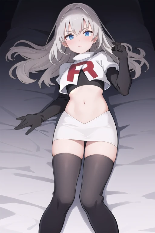 masterpiece, best quality, absurdres, perfect antomy, 1girl, solo, Itsumi Erika, bangs, team rocket,team rocket uniform,white skirt,red letter R,crop top,black thigh-highs,black elbow gloves