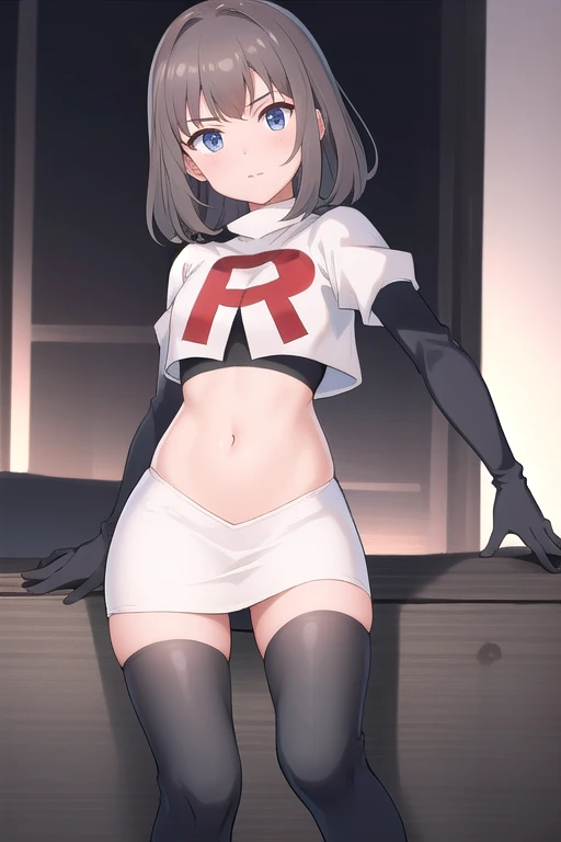 masterpiece, best quality, absurdres, perfect antomy, 1girl, solo, Itsumi Erika, bangs, team rocket,team rocket uniform,white skirt,red letter R,crop top,black thigh-highs,black elbow gloves