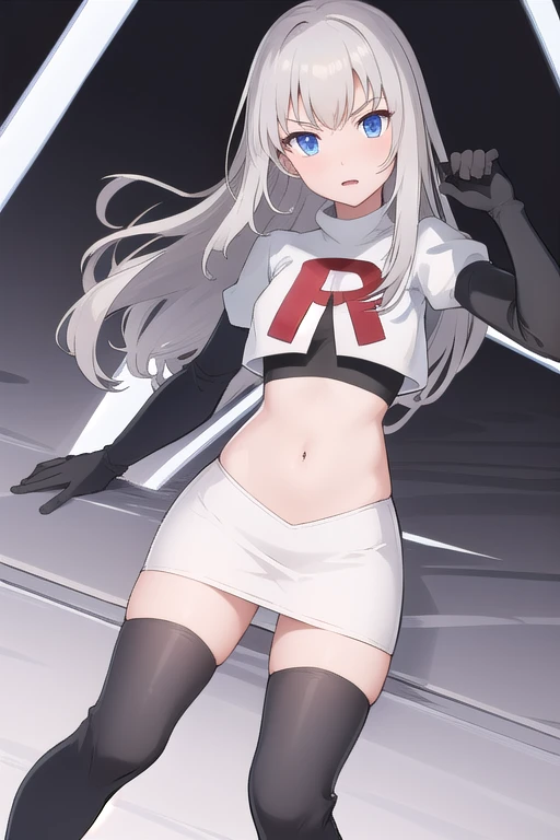 masterpiece, best quality, absurdres, perfect antomy, 1girl, solo, Itsumi Erika, bangs, team rocket,team rocket uniform,white skirt,red letter R,crop top,black thigh-highs,black elbow gloves