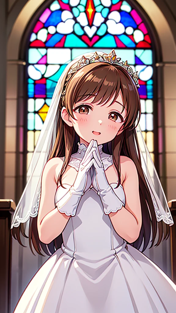 Highest quality、high resolution、High definition、HD、((church、Stained glass))、(Nitta Minami、Long Hair、Medium chest、Brown Hair、Brown eyes、Glossy lips、Glowing Skin、Realistic skin texture、((White wedding dress、gloves)))、Staring at me、Love me、blush、(Laughing with your mouth open)、(Very close to me)