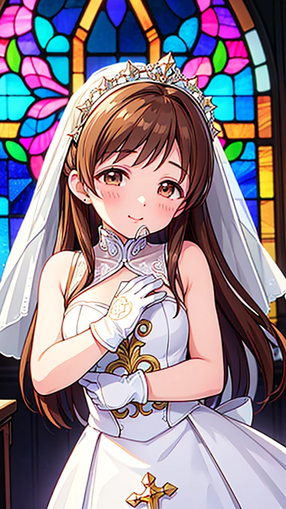 Highest quality、high resolution、High definition、HD、((church、Stained glass))、(Nitta Minami、Long Hair、Medium chest、Brown Hair、Brown eyes、Glossy lips、Glowing Skin、Realistic skin texture、((White wedding dress、gloves)))、Staring at me、Love me、blush、(Laughing with your mouth open)、(Very close to me)