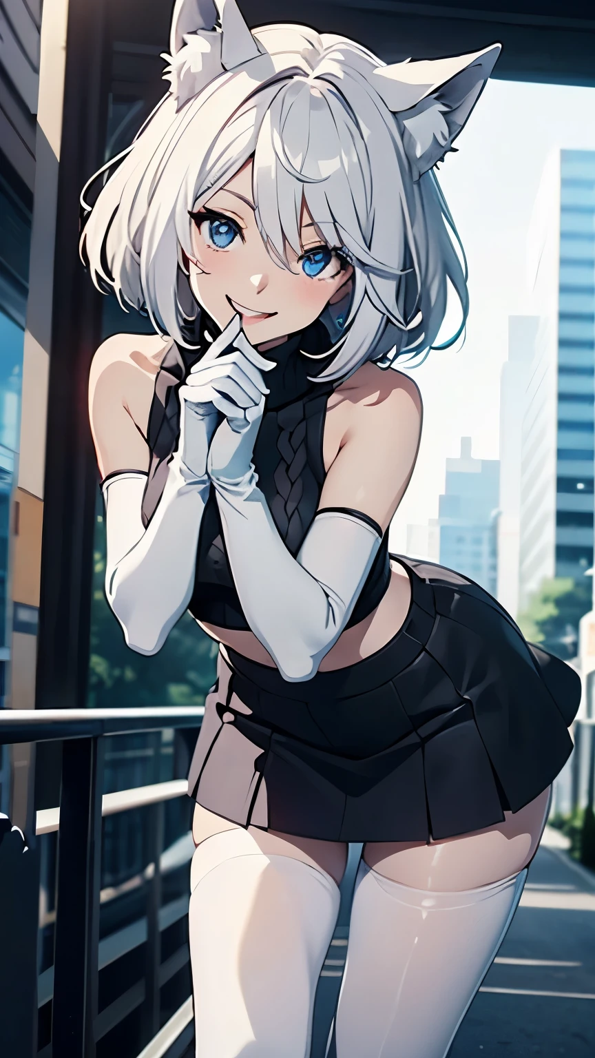 beautiful, masterpiece, Highest quality, anime, One girl, C Cup,Portrait Shot, View your viewers, Intricate details,>,((Covered、Short Hair、nearby、Blue Eyes、art、、White hair,Blue streaked hair、wallpaper、、hairpin、smile、Thighs、navel、Black and White_Race Queen、Black and White_Gloves、Black and White_Knee-high boots、、Shooting from an angle、wave hands、blue sky、Racetrack