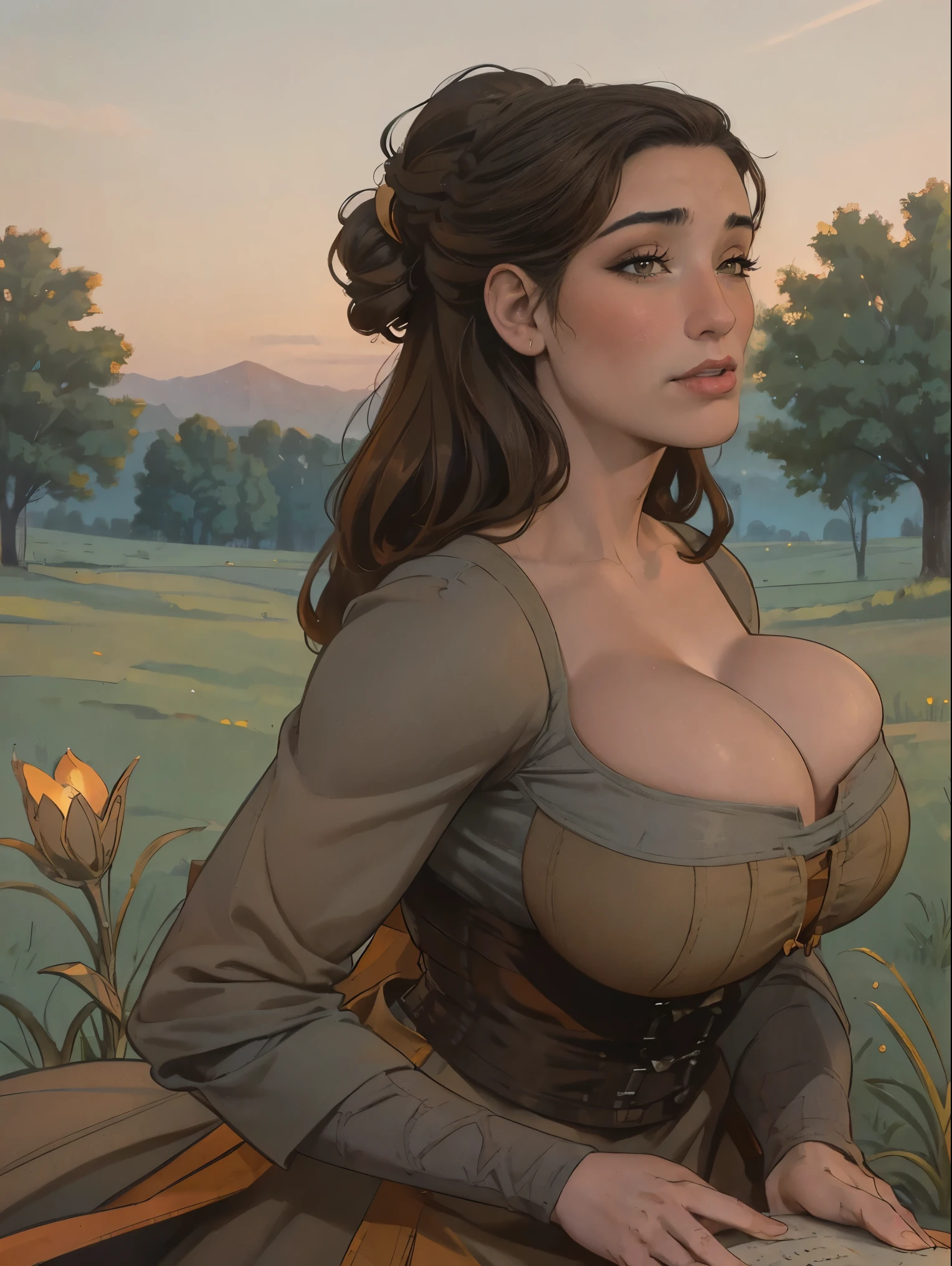 Gorgeous and sultry busty athletic (thin) brunette peasant with sharp facial features wearing a modest updo, medieval hair cover, rough-spun grey and brown medieval dress, long sleeves, wide neck, long dress, tight bodice, corset, Middle Ages, cottage, farm, exterior, trees, countryside, evening, sunset.