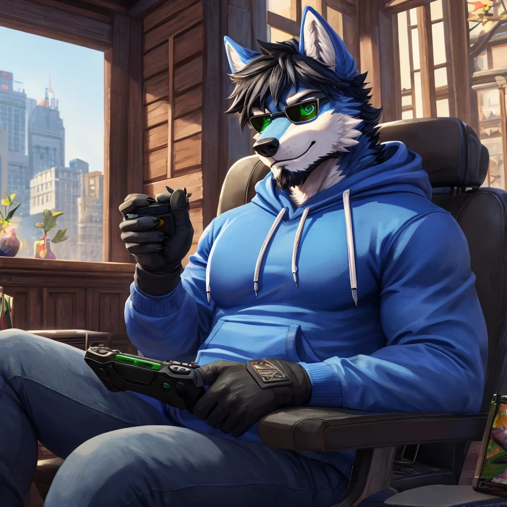 ((best quality)), ((masterpiece)), (Ultra detailed), ((4k)).
Anthro Wolf , Light Blue Fur , Dark Blue Short Hair ,Black Beard , Handsone , Good Looking , Green Eyes ,(Eyes Details), Middle Ages , Huge Pecs Size ,Cool Neckless , Sunglasses , Gaming Pose , Hoodies , Black Gloves , Black Jeans ,