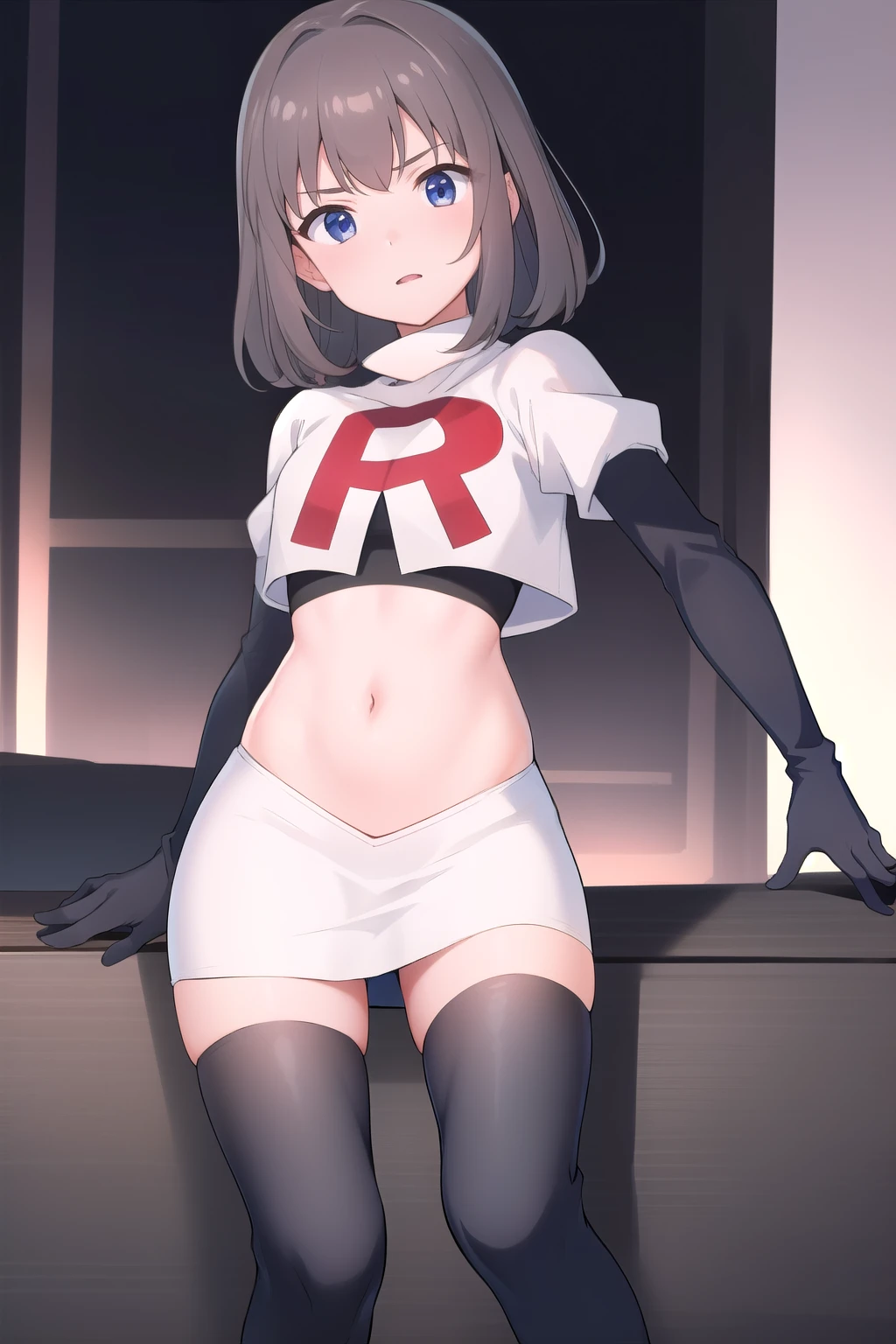 masterpiece, best quality, absurdres, perfect antomy, 1girl, solo, Itsumi Erika, bangs, team rocket,team rocket uniform,white skirt,red letter R,crop top,black thigh-highs,black elbow gloves