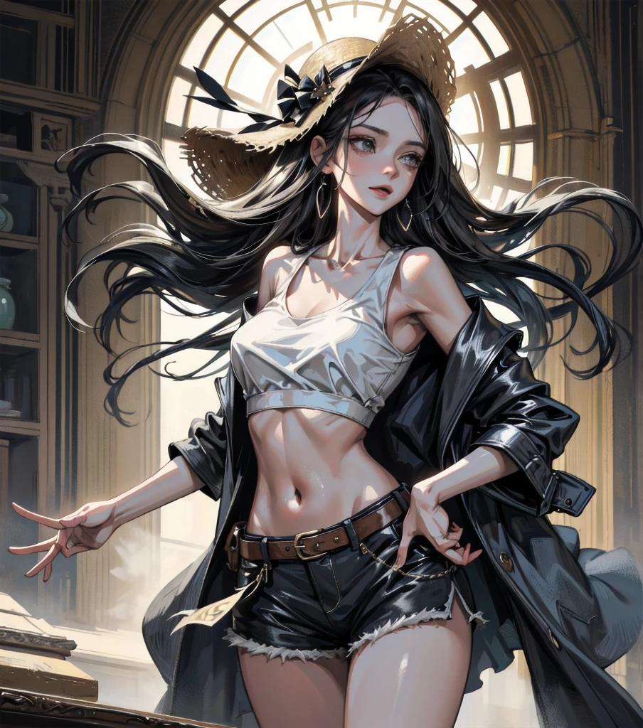 absurdres, RAW photo, extremely delicate and beautiful, masterpiece, Best Quality, ultra high resolution, 32k, hyperrealistic, ultra-detailed, Very detailed CG 8k wallpaper, detailed background, landscape, Beautiful Lighting, Perfect Lightning, Realistic Shadows, perfect anatomy, anatomically correct, perfect figure, Perfect Style, Perfect balance, super Detailed skin, in her 30s, very Slim body, narrow waist, very small head, very small face, delicate facial features, handsome detailed woman, very detailed eyes and face, realistic face proportions, Realistic beautiful face, Realistic beautiful eyes, tearful mole, earring, whole body shot, very huge round tits, medium hair, asymmetrical hair, indoor, blouse, bare collarbone, midriff, shorts, straw hat,