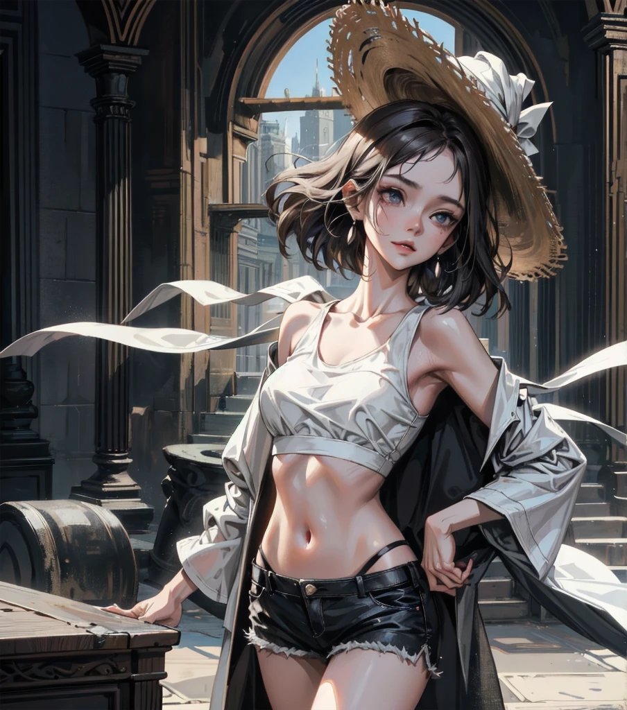 absurdres, RAW photo, extremely delicate and beautiful, masterpiece, Best Quality, ultra high resolution, 32k, hyperrealistic, ultra-detailed, Very detailed CG 8k wallpaper, detailed background, landscape, Beautiful Lighting, Perfect Lightning, Realistic Shadows, perfect anatomy, anatomically correct, perfect figure, Perfect Style, Perfect balance, super Detailed skin, in her 30s, very Slim body, narrow waist, very small head, very small face, delicate facial features, handsome detailed woman, very detailed eyes and face, realistic face proportions, Realistic beautiful face, Realistic beautiful eyes, tearful mole, earring, whole body shot, very huge round tits, medium hair, asymmetrical hair, indoor, blouse, bare collarbone, midriff, shorts, straw hat,