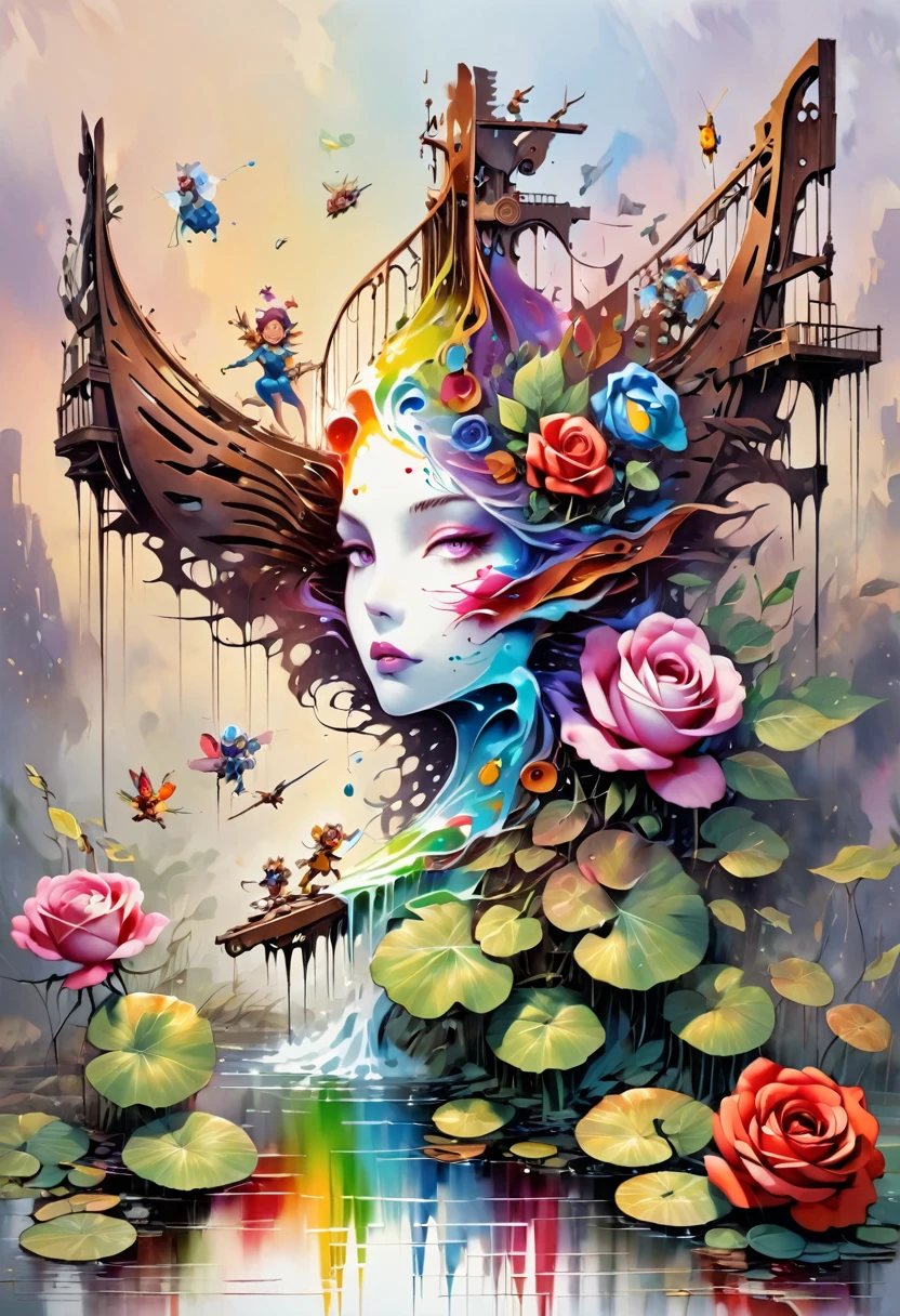 olpntng style, a rose, among rusty irons, oil painting, strong strokes, paint dripping" rgb offset, surface, diamond, By Ralph Steadman, by Cory Loftis, art by Craig Mullins, art by Jeff Koons, Art by Frank Frazetta, by Agnes Lawrence Pelton, by Tony Diterlizzi monogon, superdimensional, Volumetric