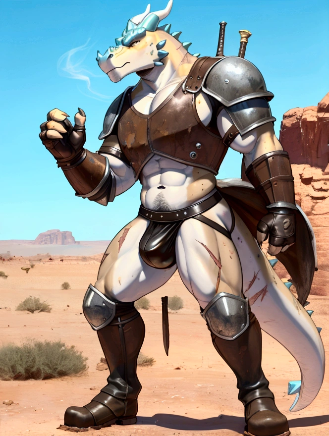 Solo Sexy young anthro scalie dragon male mercenary medieval solider, slim endomorph muscular, anthro handsome gay shorter muzzle, handsome gay model male apperance, sword scars, worn out leather skimpy armament, low on hips heavy leather belt, old very worn out skimpy dirty linen material jockstrap, old yellow dirty worn out stains on white sawn jockstrap, very visible "x" brown seam pattern on the jockstrap, studded skimpy armlets breastplate armor, skimpy breastplate,, leather bondages, fingerless leather gloves, smelly unwashed husk, dirty body look, desert battlefield, standing in sexy fighting position, close view of full character