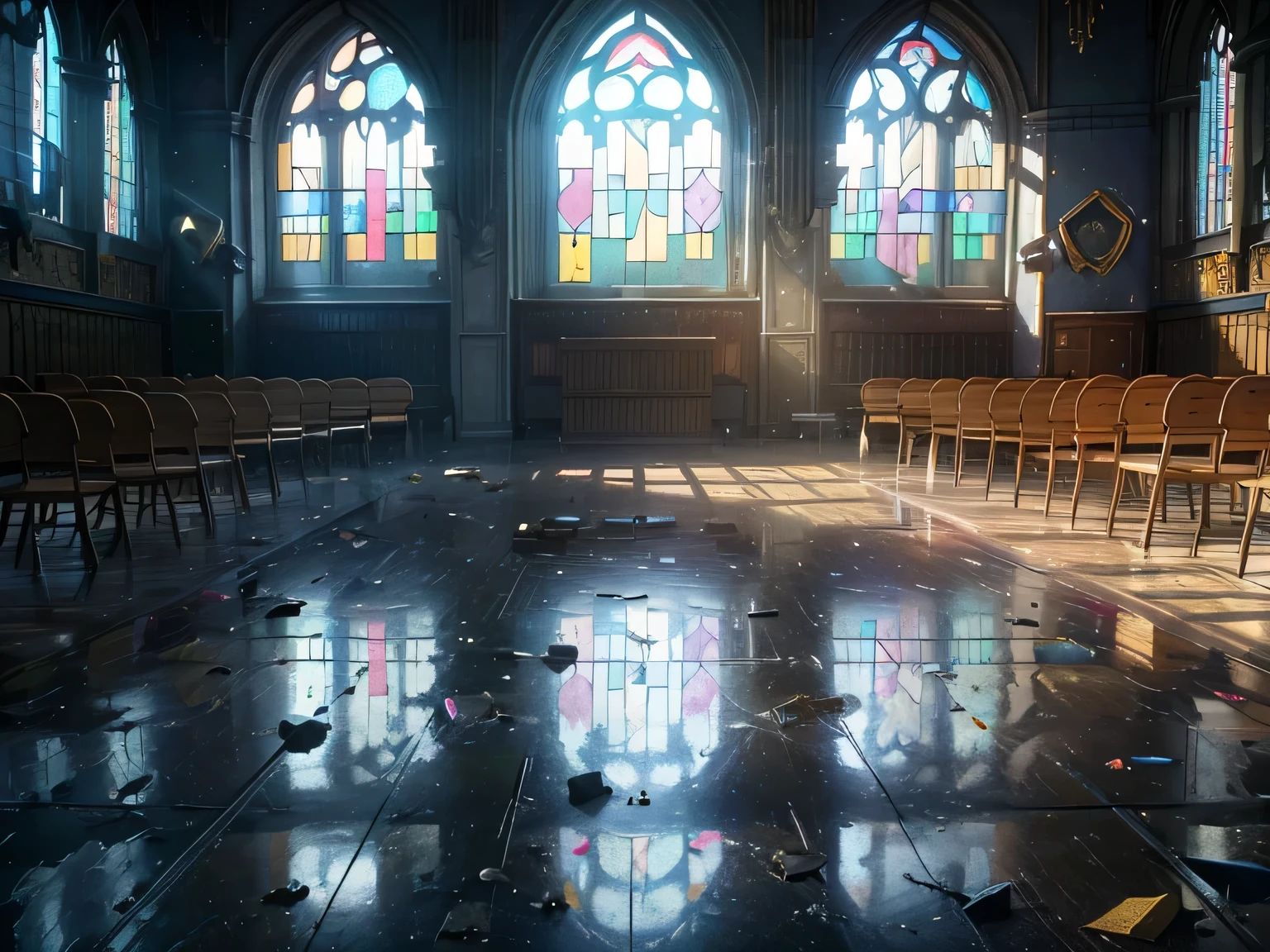 high resolution,High definition,high quality,landscape,realistic, magical academy, lecture hall, chairs and tables broken, battle damage, white stone floor, magic enchanted stained glass windows, some small fire on curtains, at front of room with large teacher desk, looking towards chairs and student desks, no people, knocked over desks, chairs scattered, crumbled floor and walls.
