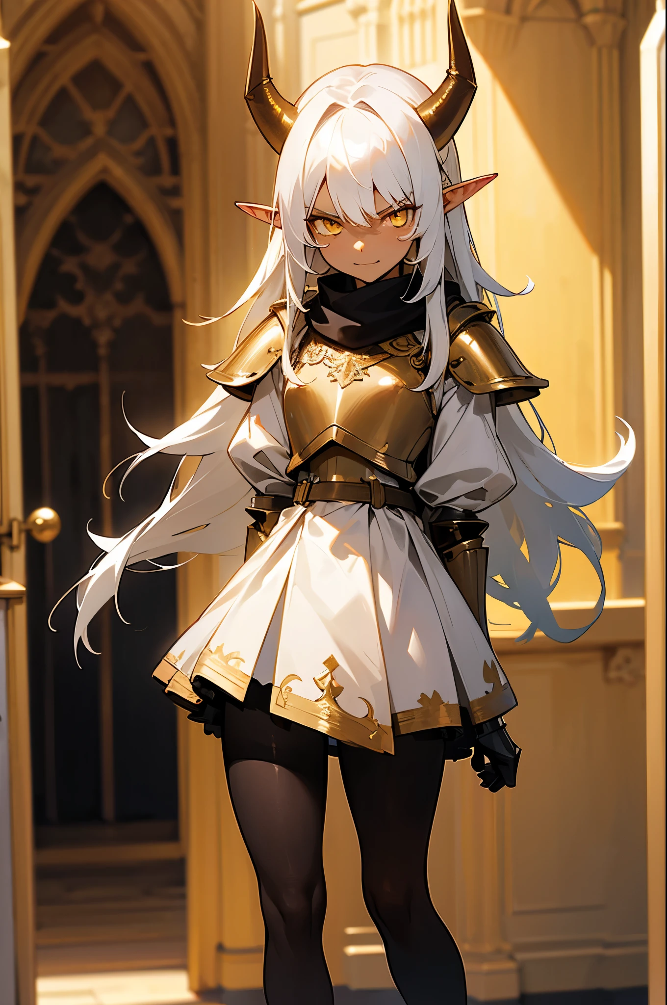 girl, tall,brown skin, hidden arms,long hair, white hair, detailed pretty eyes, yellow eyes,angry face, evil smile, medium , white small shirt, mid waist, ripped abdomen, medium thighs, small gold armor outfit, long black stockings, detailed clothes, masterpiece, hyper realistic, high definition,black horns,black pantyhose,elves ears,yellow scarf,front view,(((standing in front of a room inside a castle)))