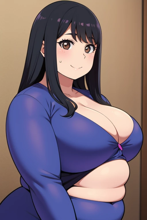 Plump year 21 big breasts black hair brown eyes happy longer hair smile blushing deredere eye covered longer bang lencería