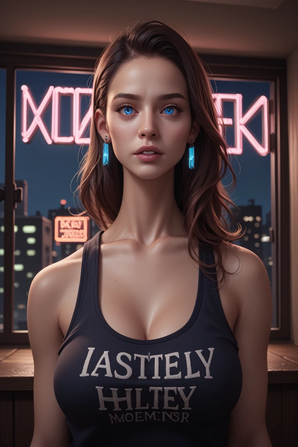 Hayley Atwell, Transgender Female, Kitch, blue eyes, solo, voluptuous, long hair, large breasts, shirt, jewelry, upper body, earrings, parted lips, indoors, window, night, tank top, clothes writing, neon lights, specular highlights, detailed face, detailed eyes, upper body, portrait, zPDXL PonyXLV6_Scores