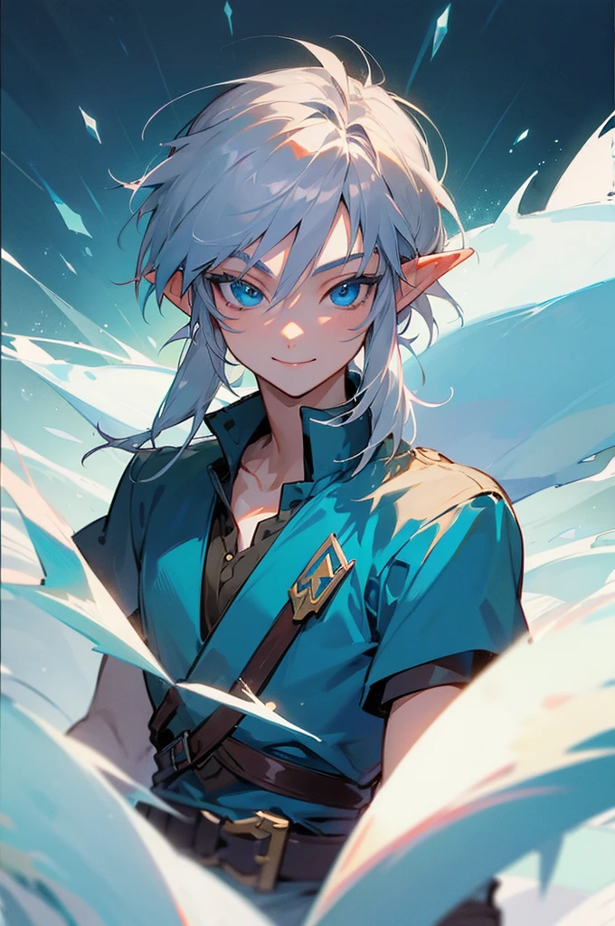 (best quality, masterpiece), 1boy, legend of zelda, link, smile, upper body, frosty silver hair, ice-blue eyes