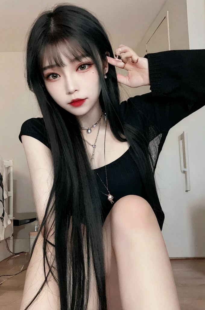 there is a woman with long black hair wearing a black top, with long hair and piercing eyes, black hair and big eyes, She has black hair with bangs, cruel korean gothic girl, sweet ultra-realistic bunny, anime girl in real life, pale gothic beauty, only skydolls, long dark hair without bangs, beautiful dolphin, cara Jennie Kim, Jennie Kim, Kpop idol, korean girl